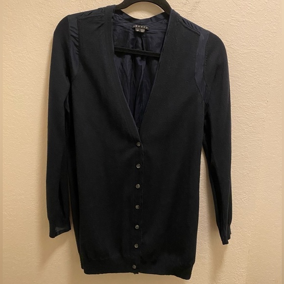 Theory Navy Blue V-Neck Button Down Cardigan Wool/Silk/Cotton Blend Size Small - Picture 1 of 8